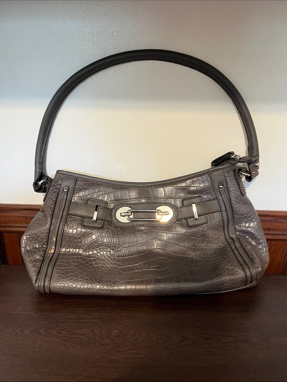 Rosetti Gray Croc-Embossed Shoulder Bag with Silver Hardware